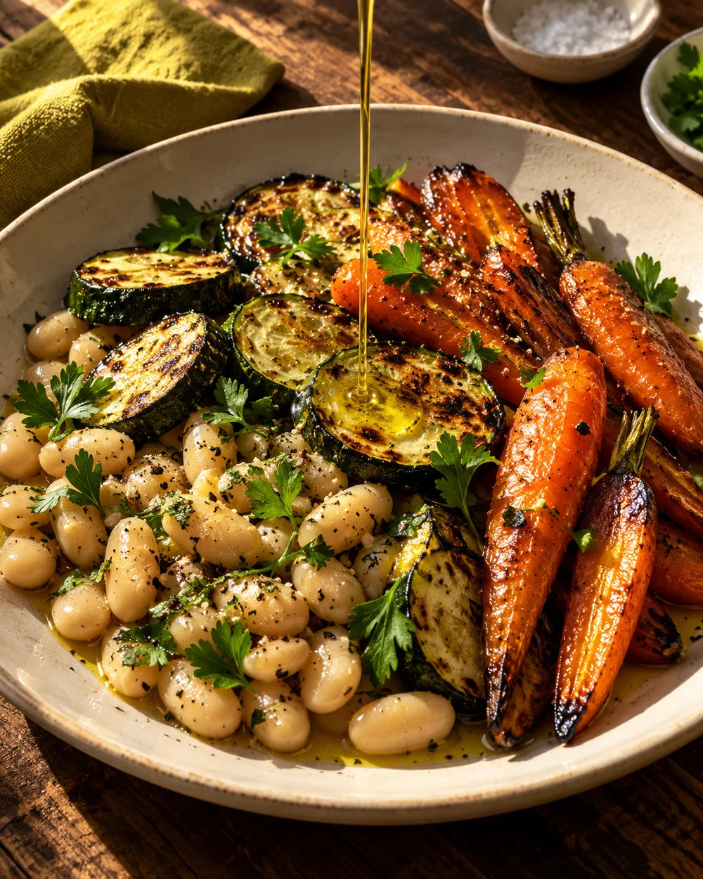 Un filo d’olio extravergine su verdure arrosto e fagioli bianchi