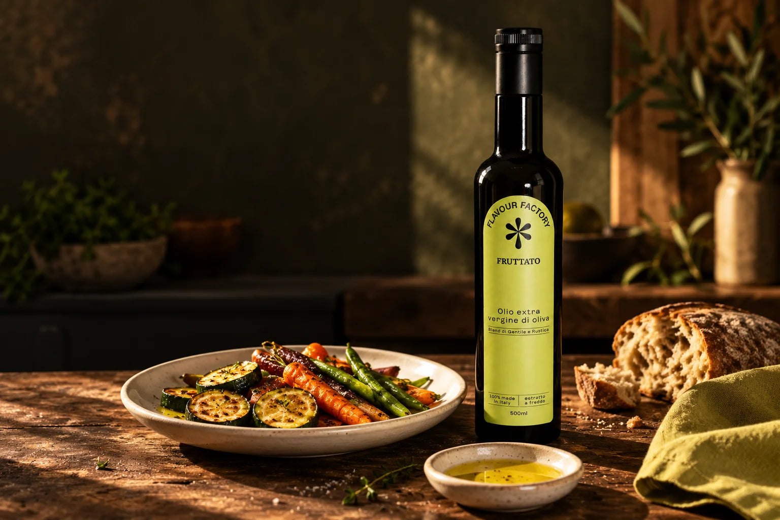 Bottiglia Flavour Factory da 500 ml a tavola con verdure arrosto, pane e olio