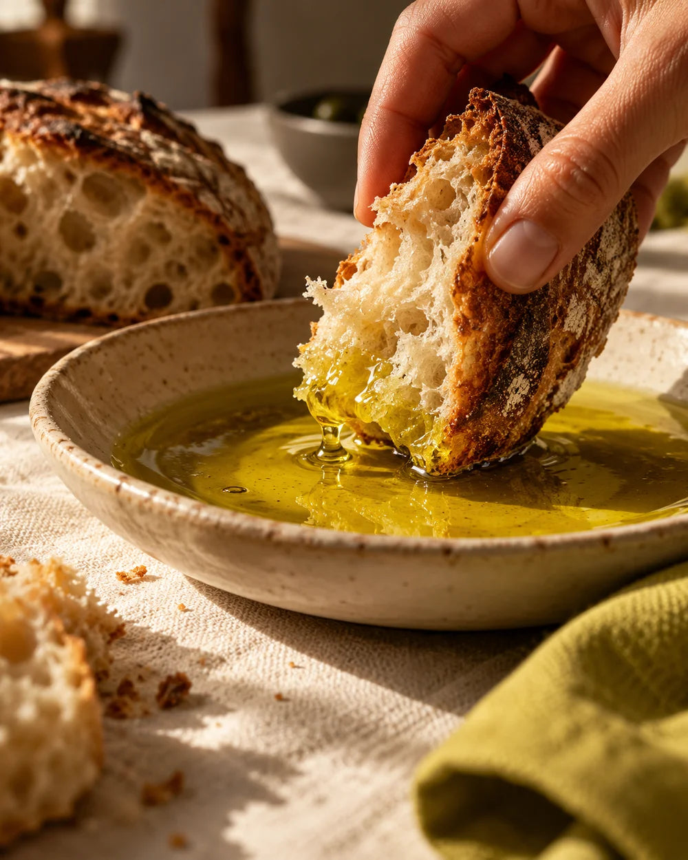 Pane rustico intinto nell’olio extravergine